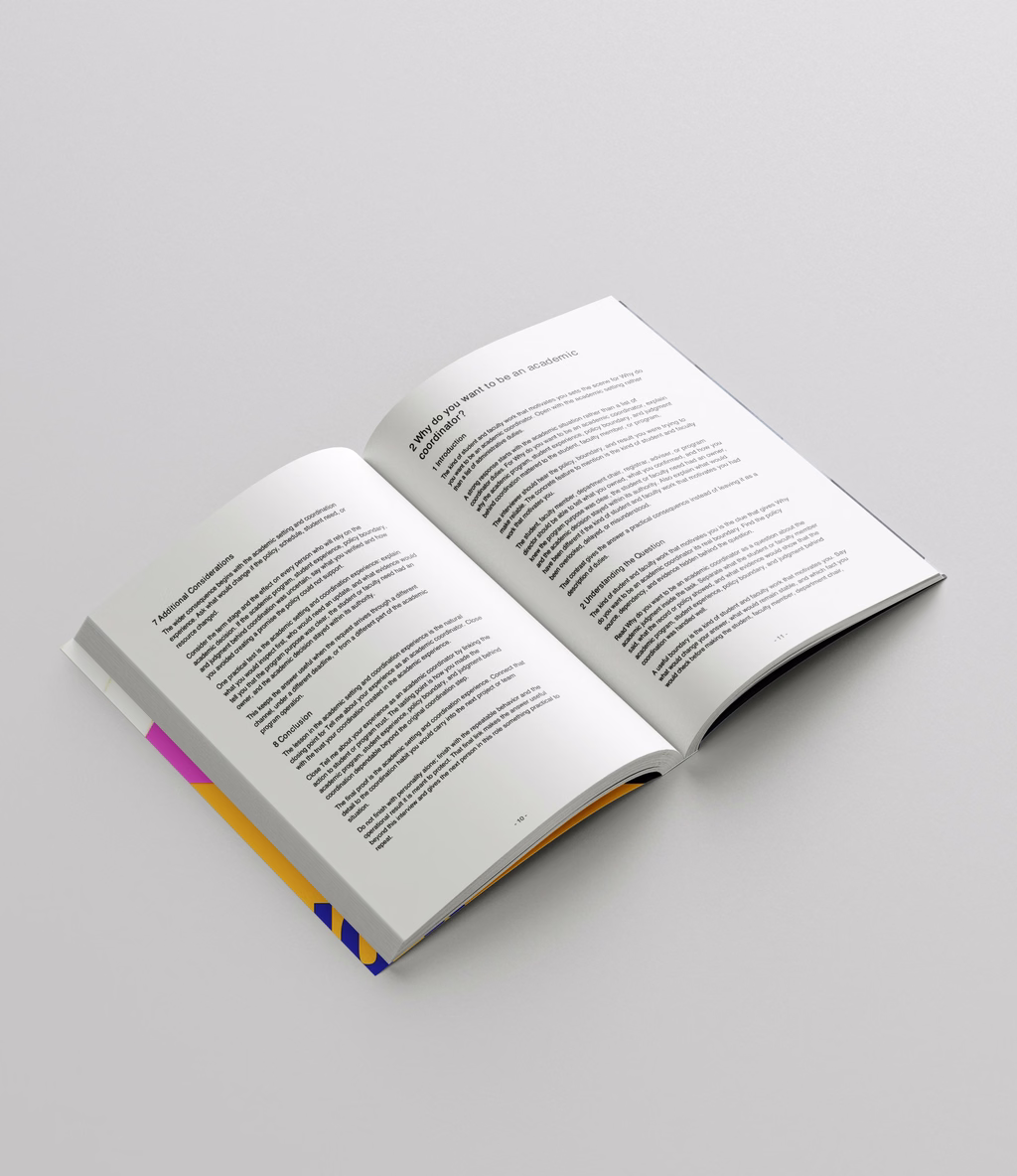 Open copy of Academic Coordinator 100 Job Interview Questions showing sample interview questions and answer guidance from RockStarCV.com.