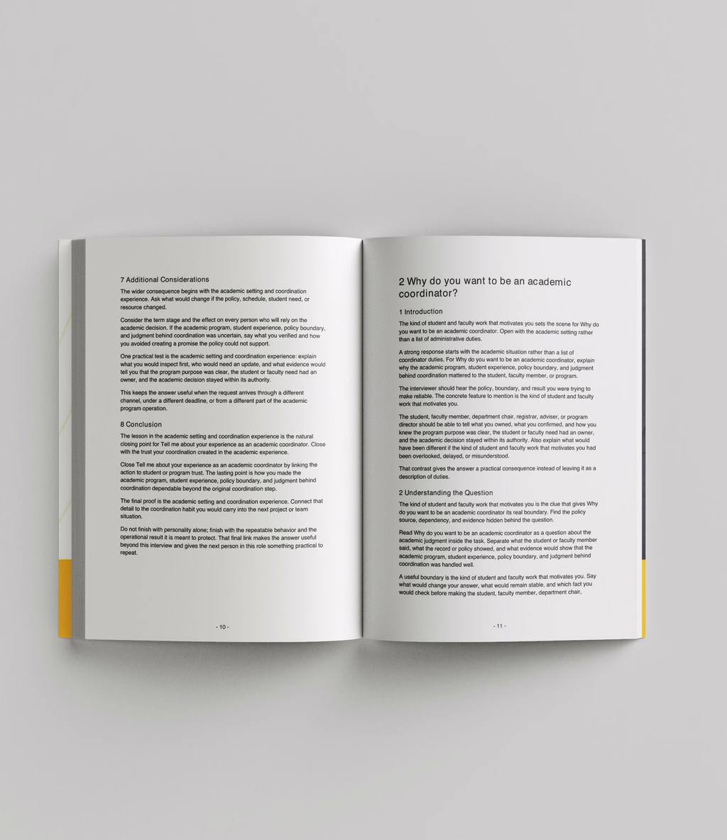 Interior page spread from Academic Coordinator 100 Job Interview Questions, an interview question book by RockStarCV.com.