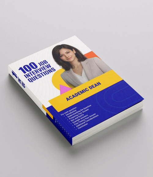 Angled hardcover mockup of Academic Dean 100 Job Interview Questions, an interview question book from RockStarCV.com.